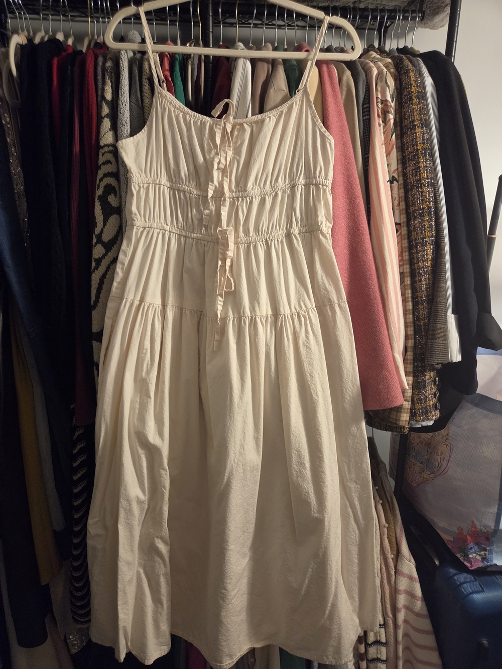 Women's Cream Tiered Midi Sundress with Tie Front